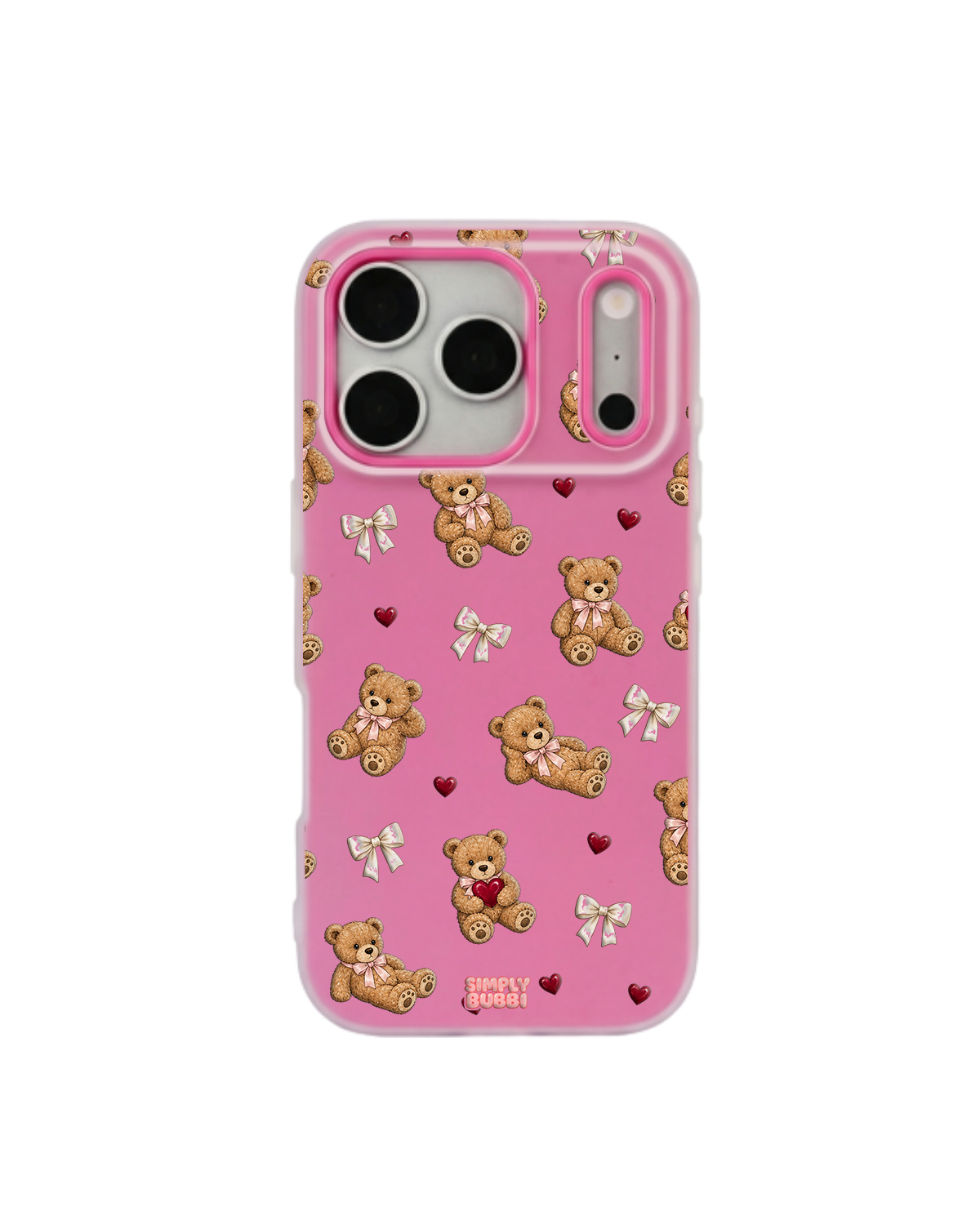 Teddy Bow Heart Repeat Pop iPhone Case – Hot Pink color