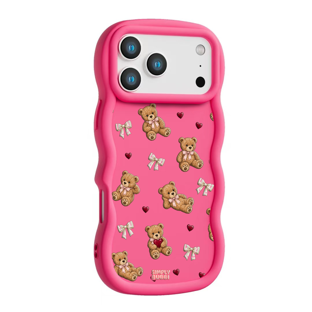 Teddy Bow Heart Repeat Wavy iPhone Case – Hot Pink color