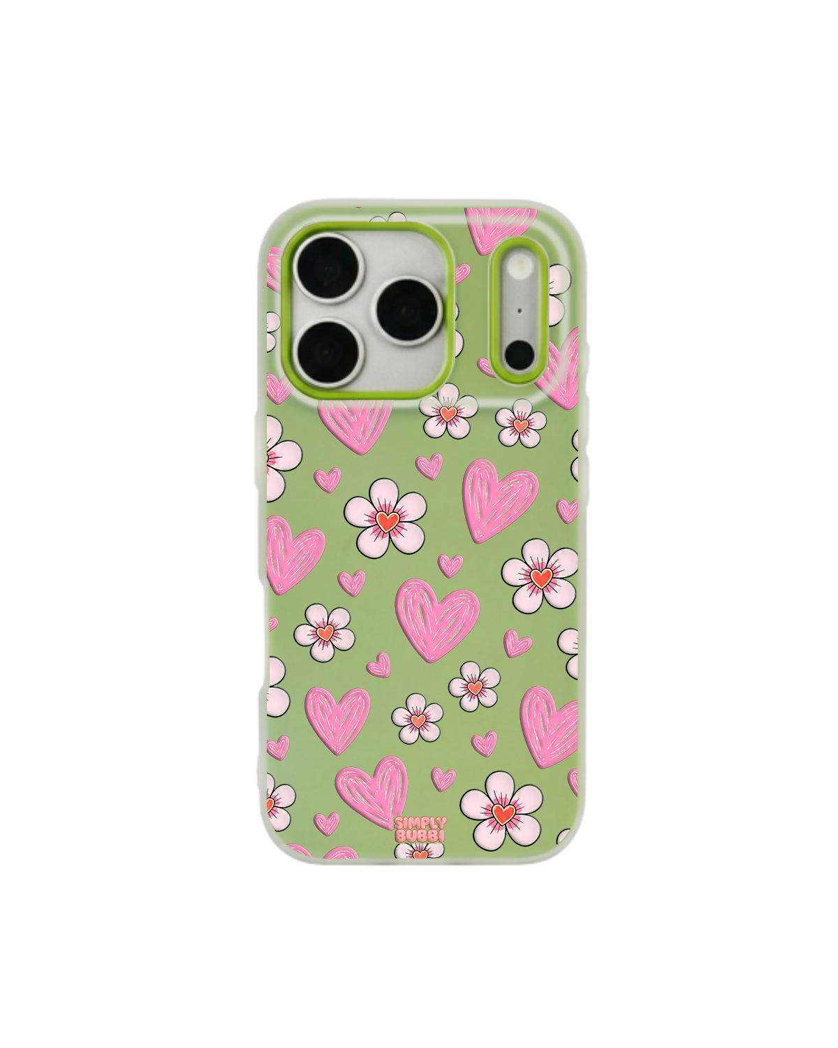 Pink Heart Daisy Repeat Pop iPhone Case – Lime color