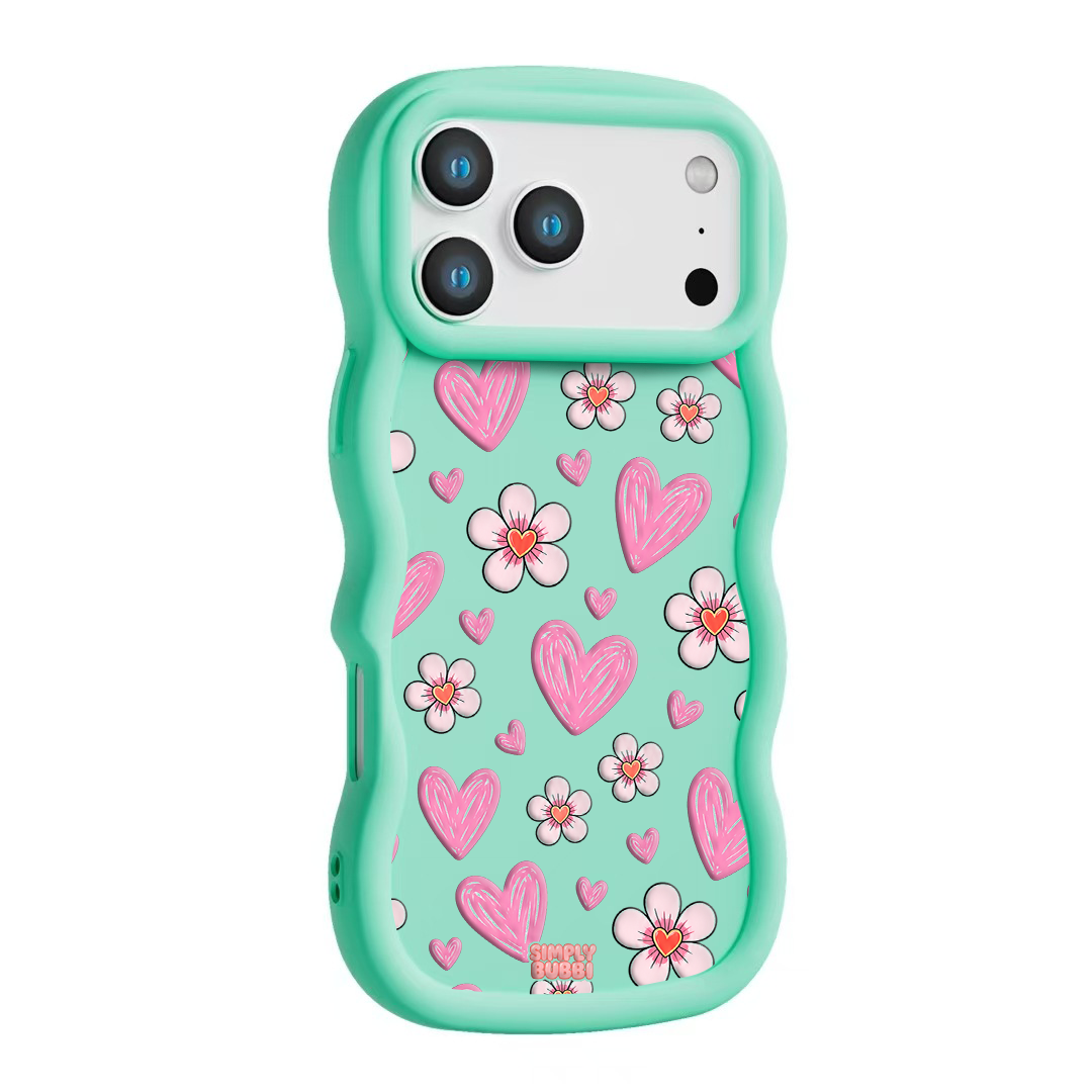 Pink Heart Daisy Repeat Wavy iPhone Case – Mint color