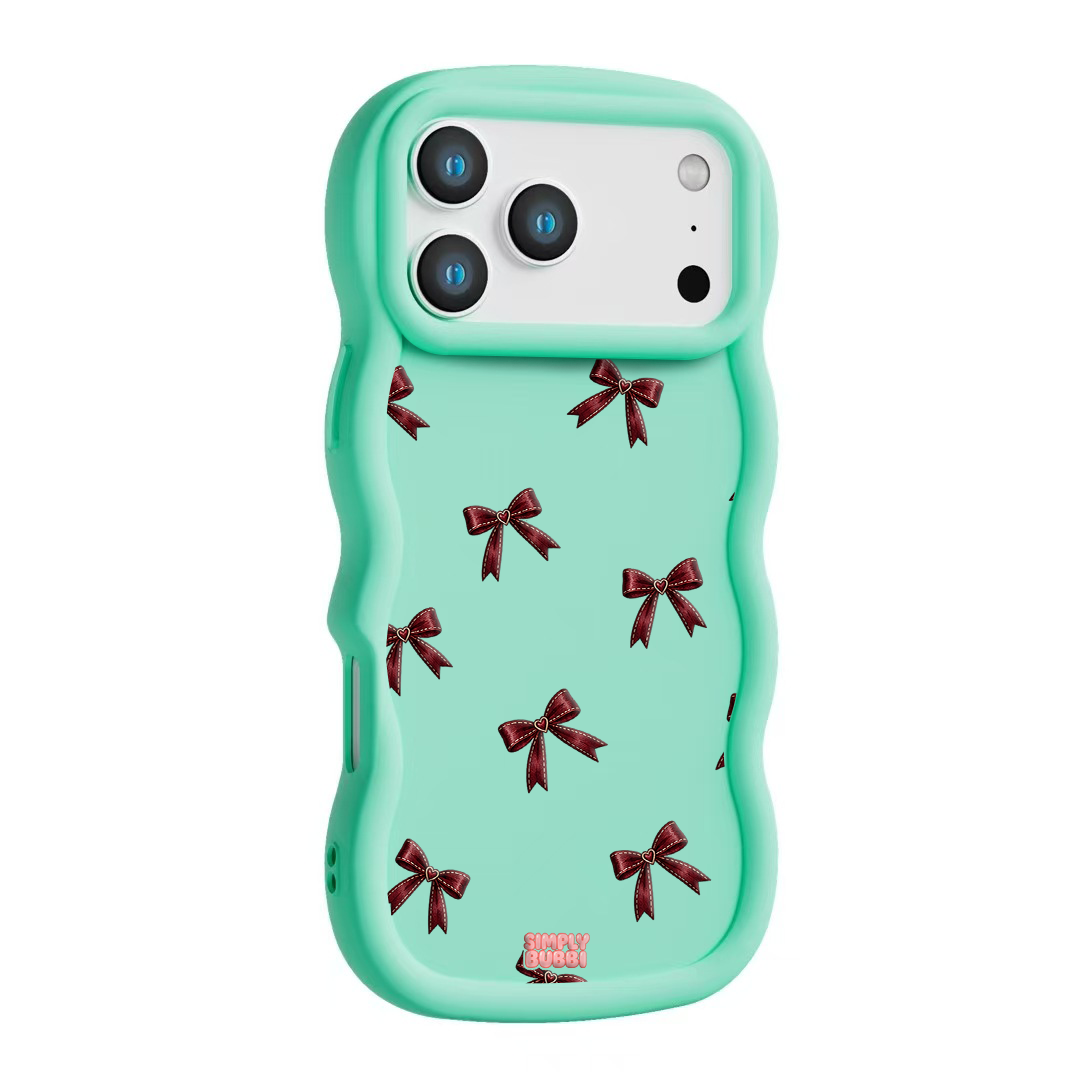 Oxblood Heart Bow Repeat Wavy iPhone Case – Mint color