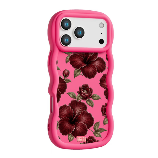 Oxblood Hibiscus Pattern Wavy iPhone Case – Hot Pink color