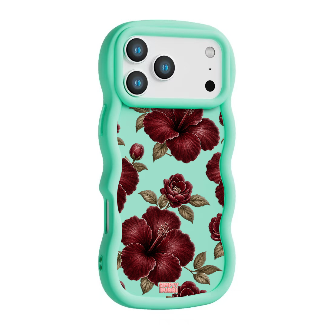 Oxblood Hibiscus Pattern Wavy iPhone Case – Mint color