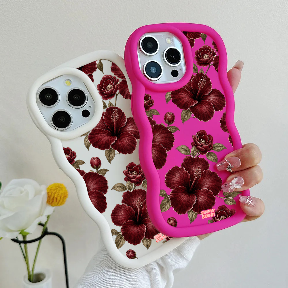 Oxblood Hibiscus Pattern Wavy iPhone Case