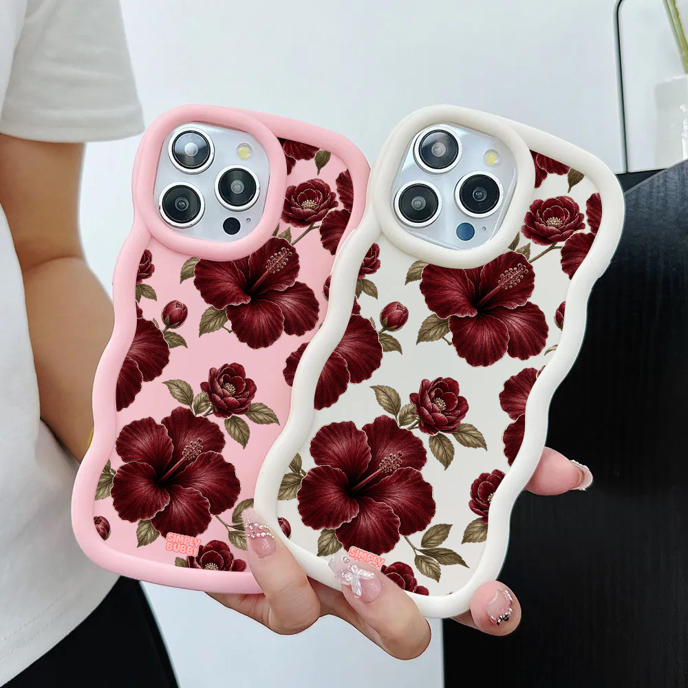 Oxblood Hibiscus Pattern Wavy iPhone Case – product view 2