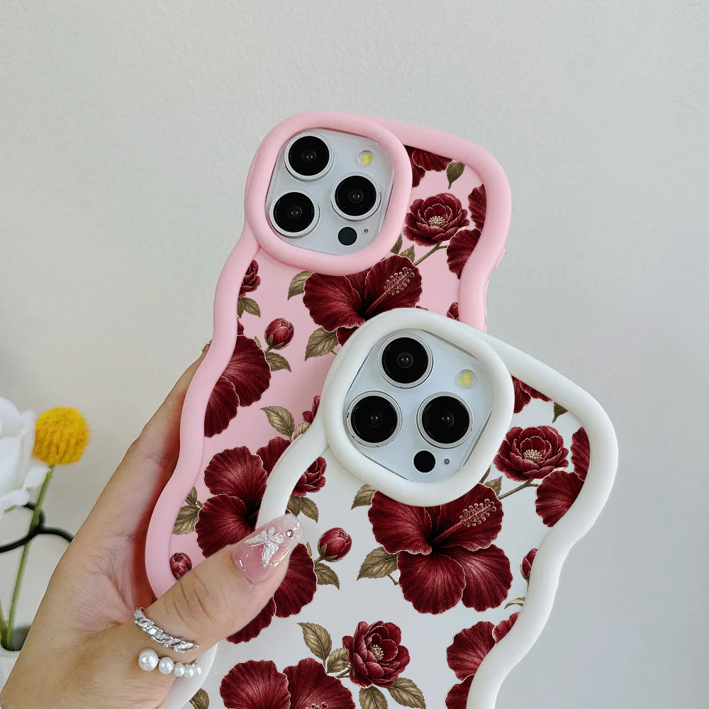 Oxblood Hibiscus Pattern Wavy iPhone Case – product view 3