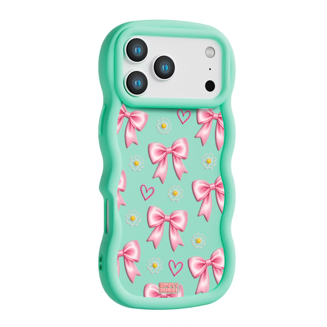 Pink Bow Daisy Heart Repeat Wavy iPhone Case – Mint color