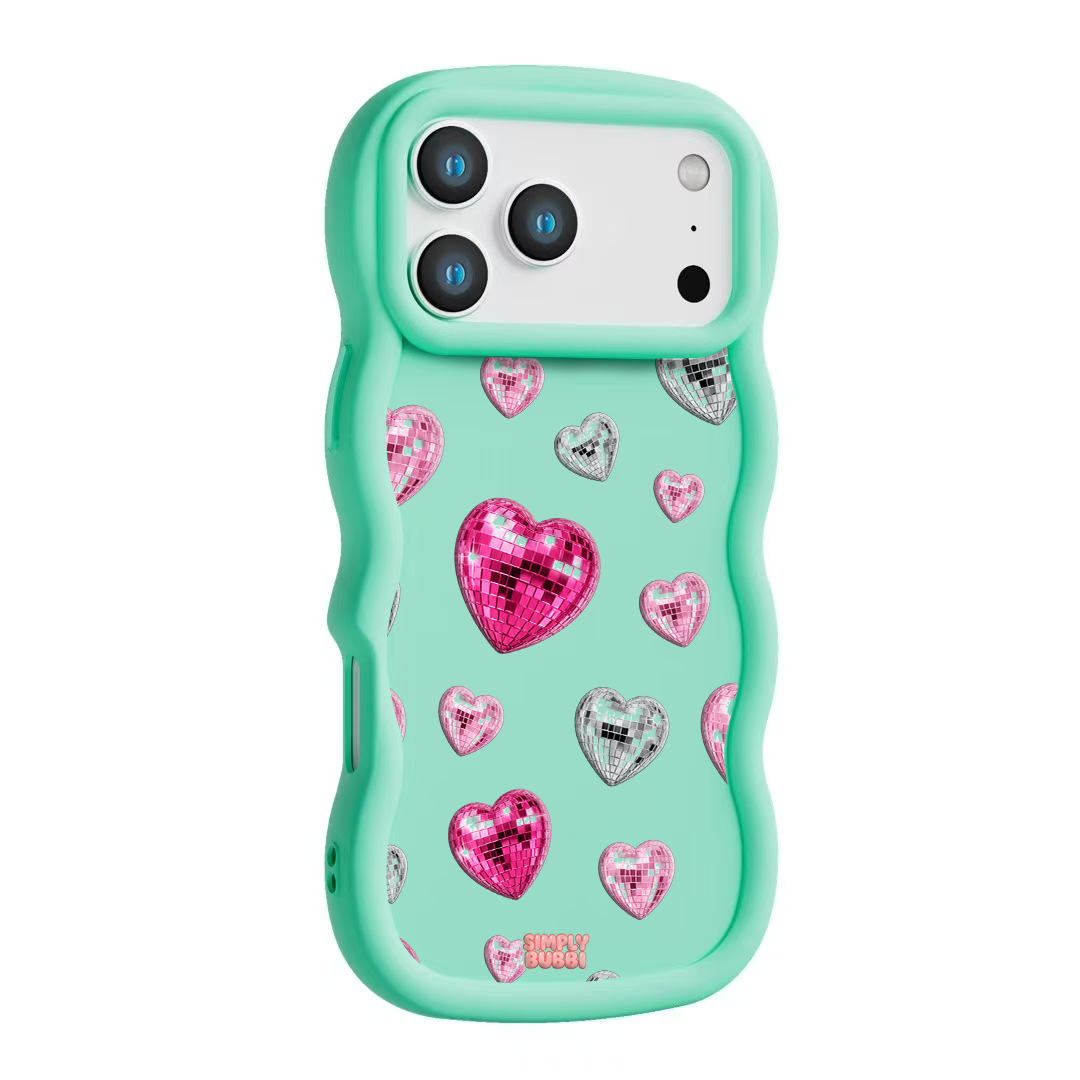 Pink Disco Heart Repeat Wavy iPhone Case – Mint color