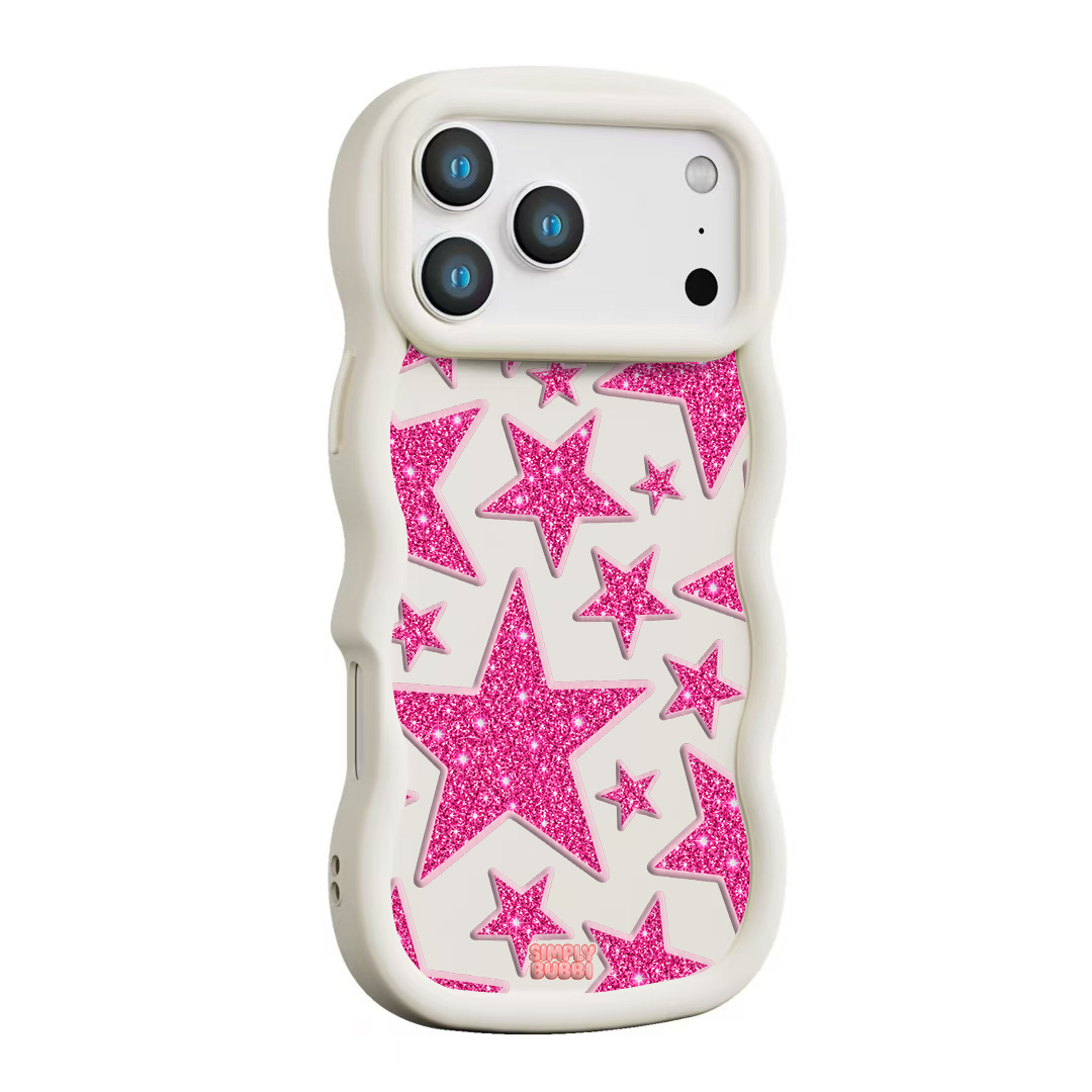 Pink Glitter Star Repeat Wavy iPhone Case – Cream color