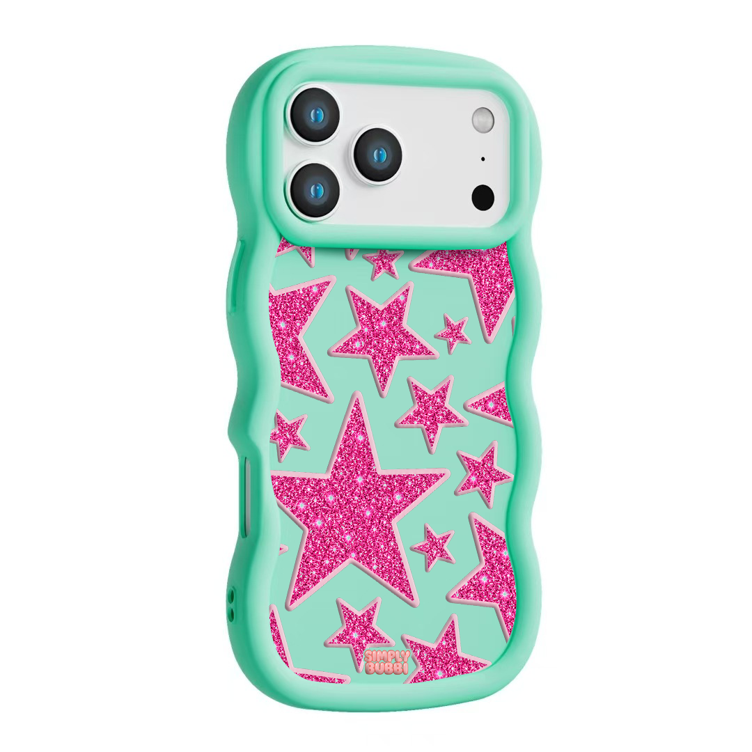 Pink Glitter Star Repeat Wavy iPhone Case – Mint color