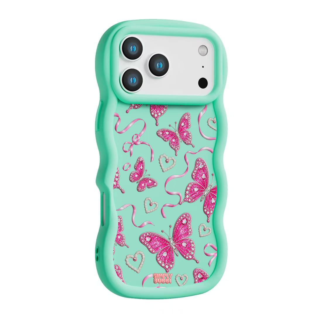 Jewel Butterfly Pearl Repeat Wavy iPhone Case – Mint color