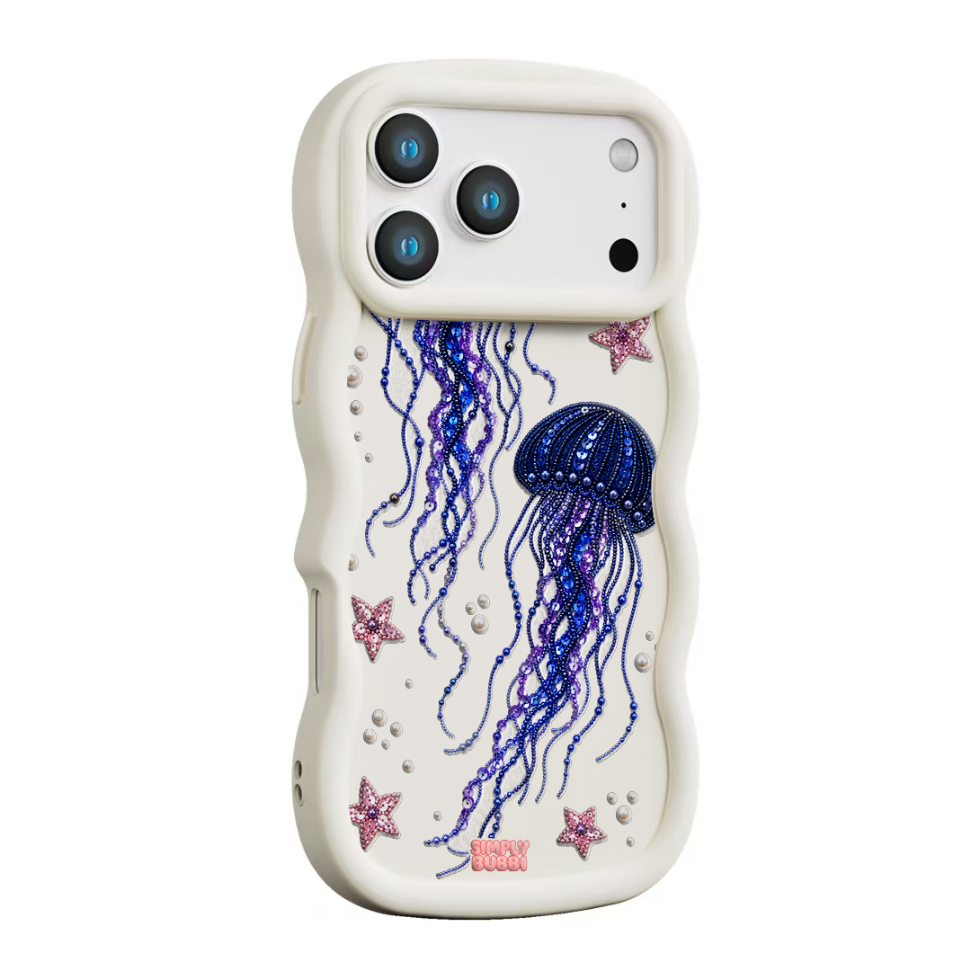 Beadwork Jellyfish Sequin Stars Wavy iPhone Case – Cream color