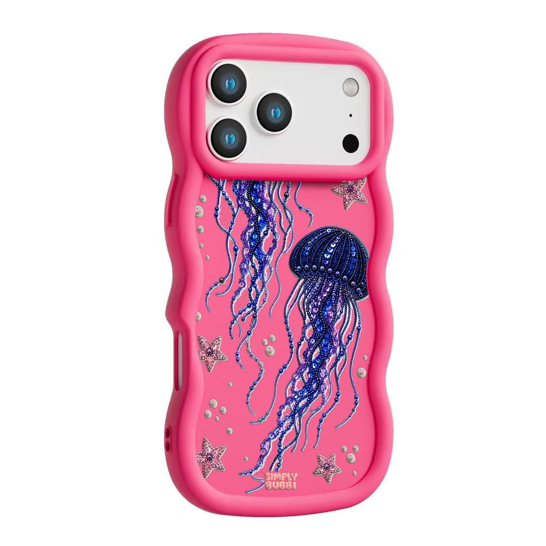 Beadwork Jellyfish Sequin Stars Wavy iPhone Case – Hot Pink color